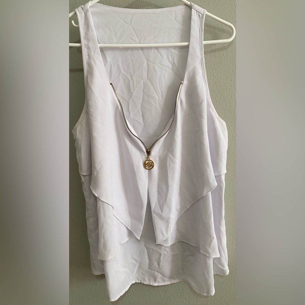 White Sleeveless Top with Gold Zipper Detail